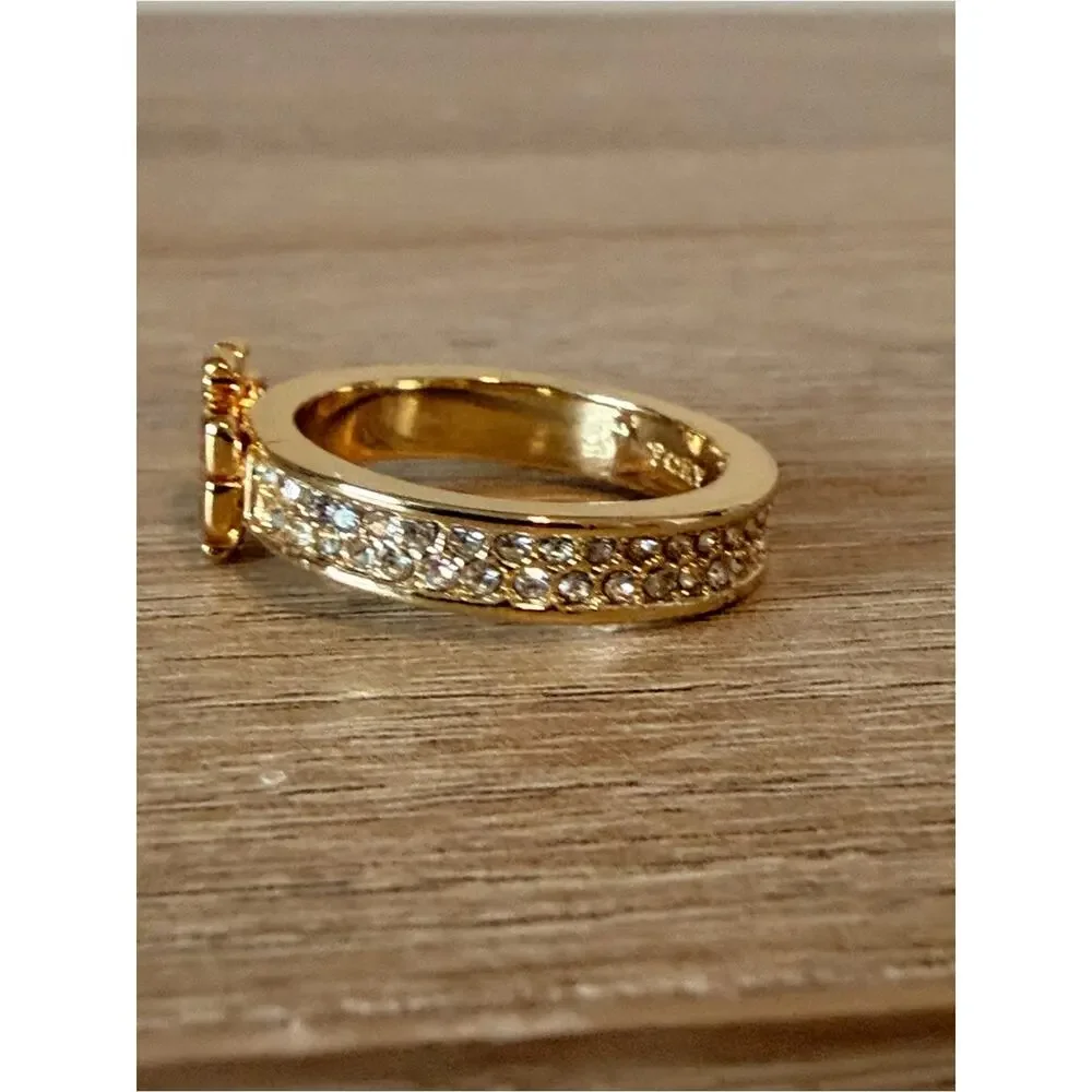 Tory Burch Crystal Miller Logo Ring Gold Tone Pave Size 7